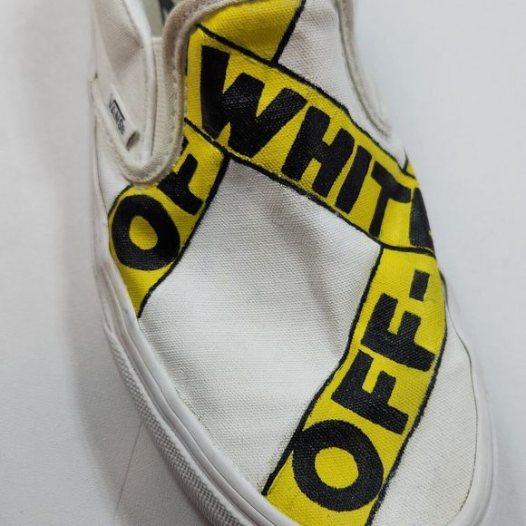 Vans Classic Slip On Sneaker Shoe Caution Tape Left Traffic Women 8 White Custom - Picture 6 of 16
